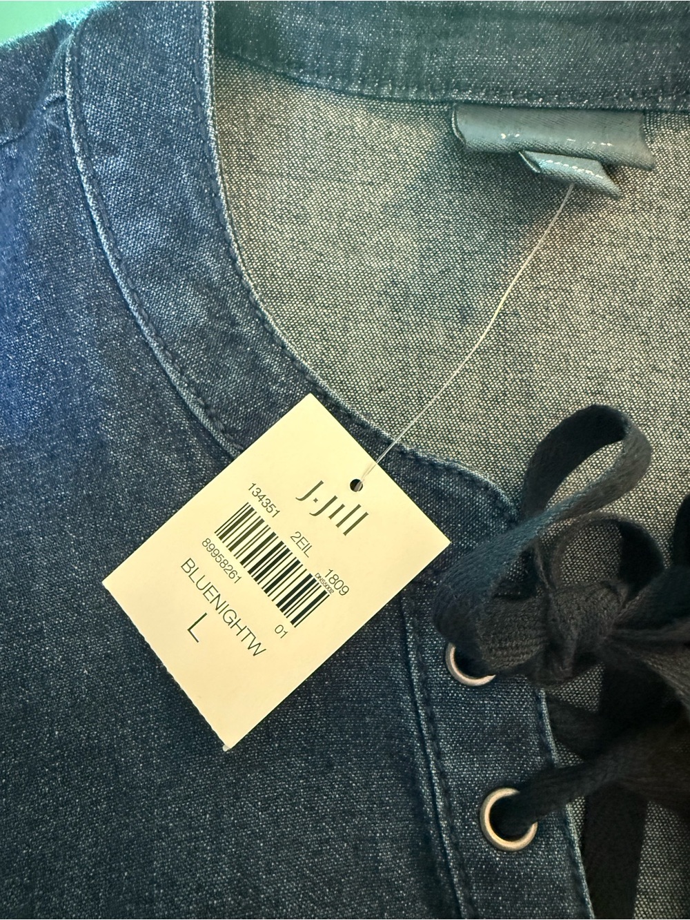 J. Jill Indigo Denim Lace-Up Long Sleeve Raw Hem Dress L, NWT - Picture 4 of 11